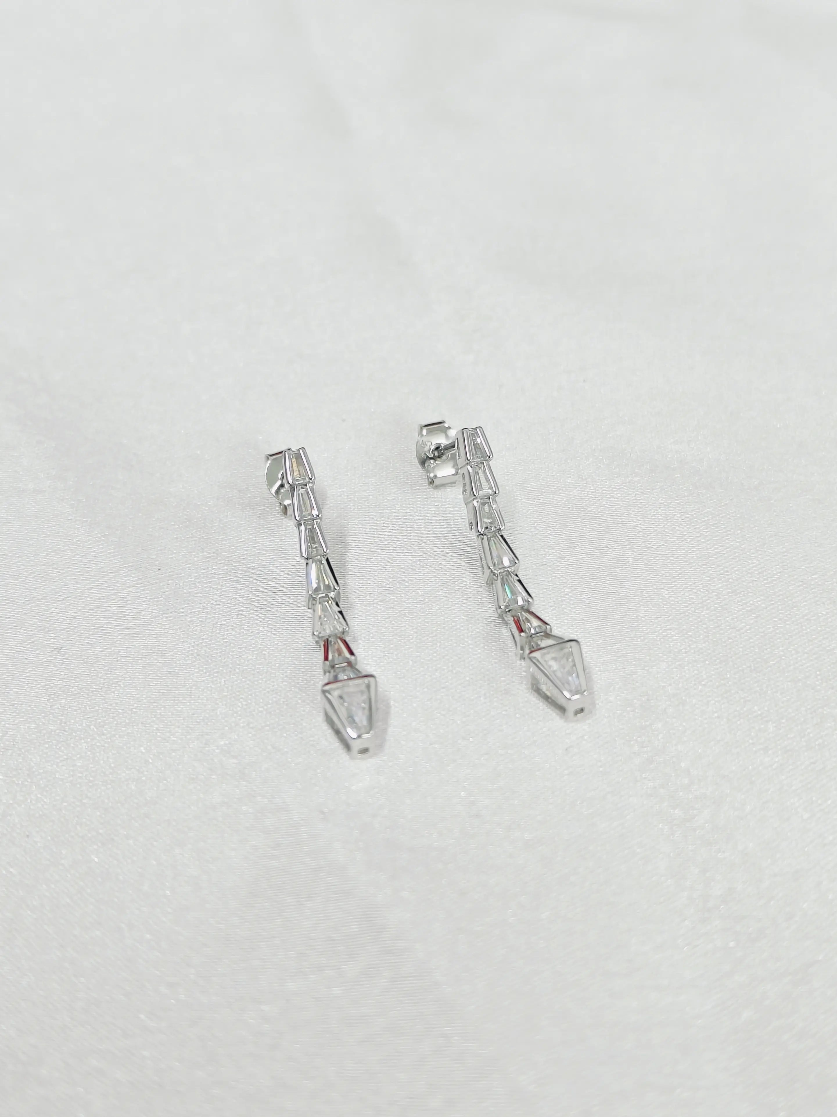 Pair of silver earrings on a light gray background